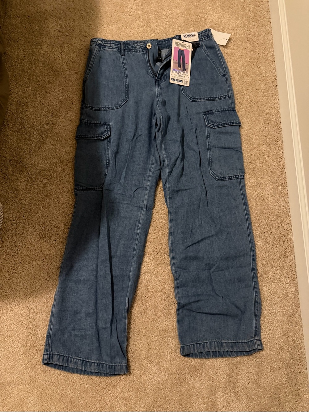 Rewash Women’s Relaxed Denim Cargo Jeans in Blue